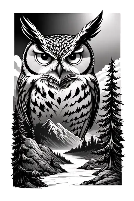 Owl Eyes Surrounded By Mountains And Trees