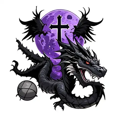 Purple Asteroid With A Cross On A Black Dragon And A Basketball