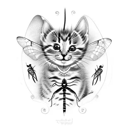 Kitten With Dragonfly On Its Nose Side View