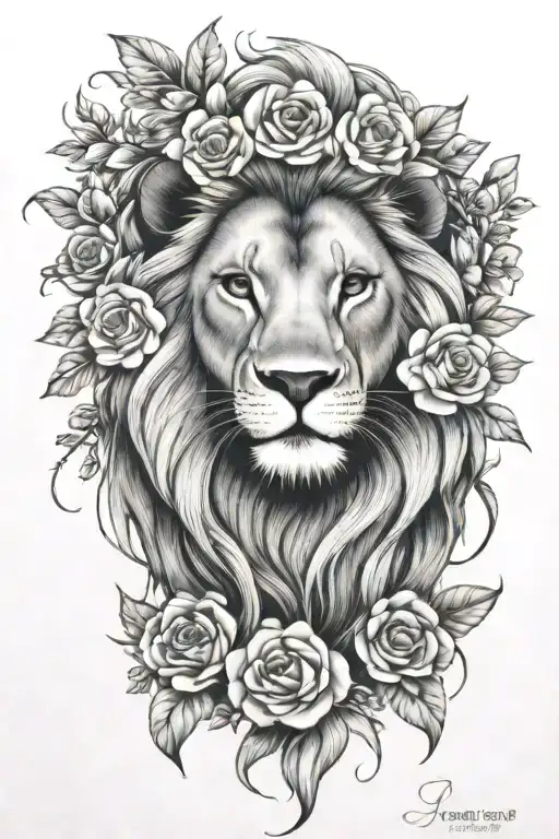 Feminine Lion Tattoo With Flowers Surrounding It