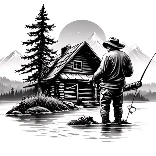 Farther And Son Fishing In Mountain Cabin Scene