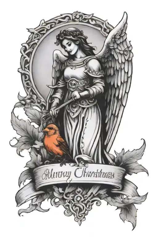 A Simple Christmas Angel And A Robin Bird Holding A Banner Between Them