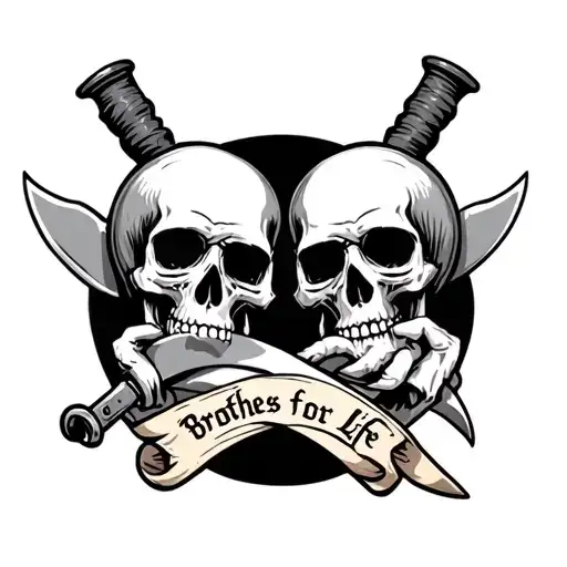 2 Skulls With Knife And Scroll Around Saying Brothers For Life