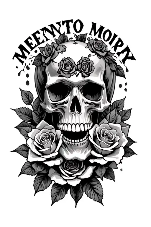 Memento Mori Lettering And Skull And Roses Intertwined