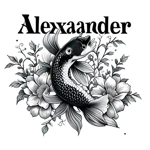 The Name Alexander With A Koi Fish And Flowers