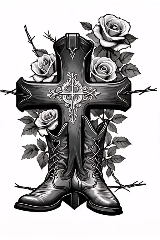 Cross With Barbed Wire With Roses And A Cowboy Boots