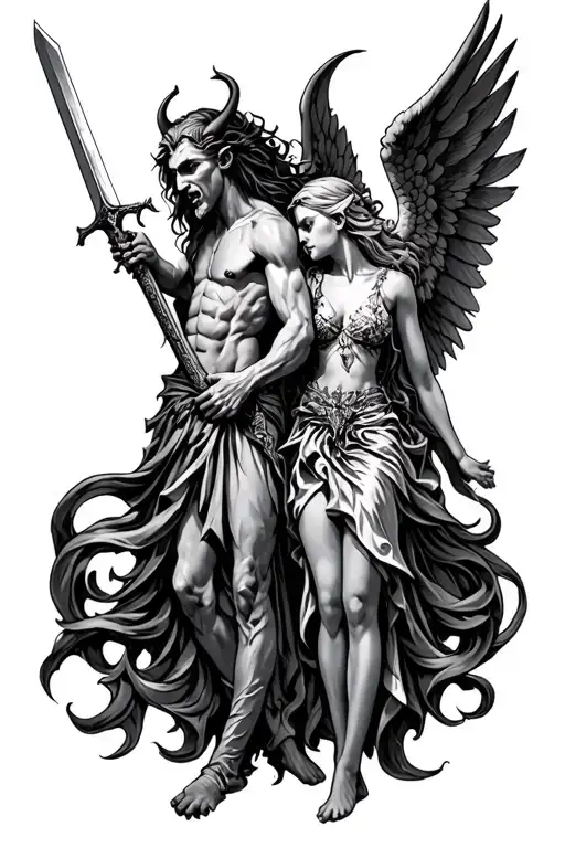 A Tattoo Of A Devil And An Angel Holding A Sword