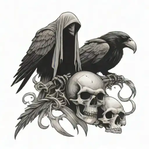 Reaper With Crow Perched And Skulls Surrounded