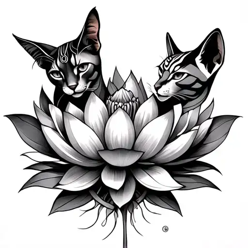 Bastet And Sekhmet With Lotus Flower Blooming