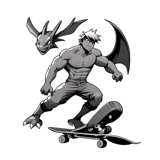A Muscular Ash Riding A Skateboard With A Charizard Flying In The Background