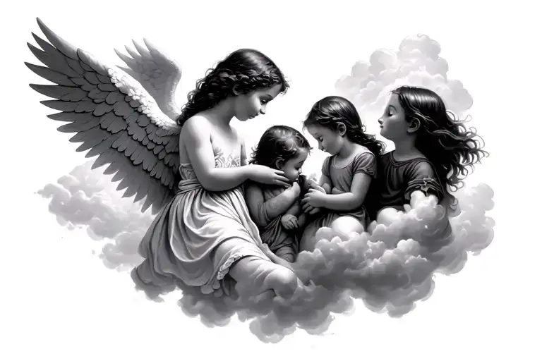 An Angel In The Clouds Watching 3 Children