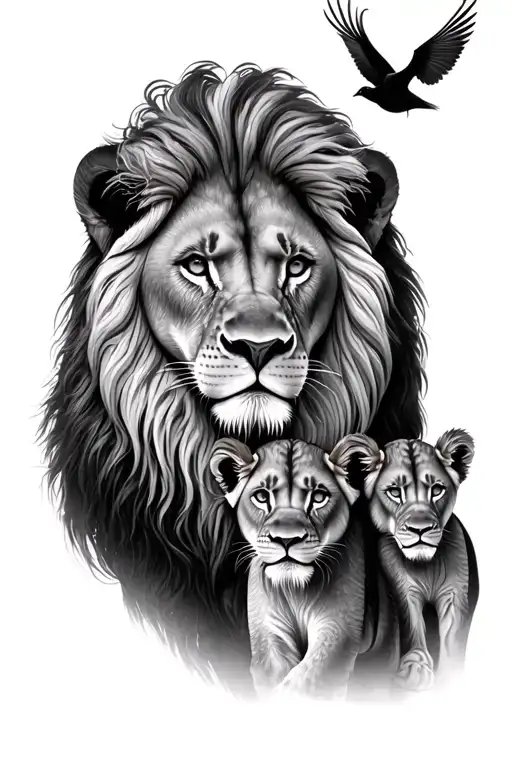 Male Lion With 3 Lion Cubs With Some Birds And Scenery