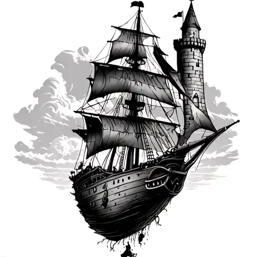 Old Castle With Pirate Ship Upside Down At The Bottom