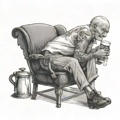 Old Man Sitting On A Chair Spitting Out A Cup Of Coffee With His Legs Stretched