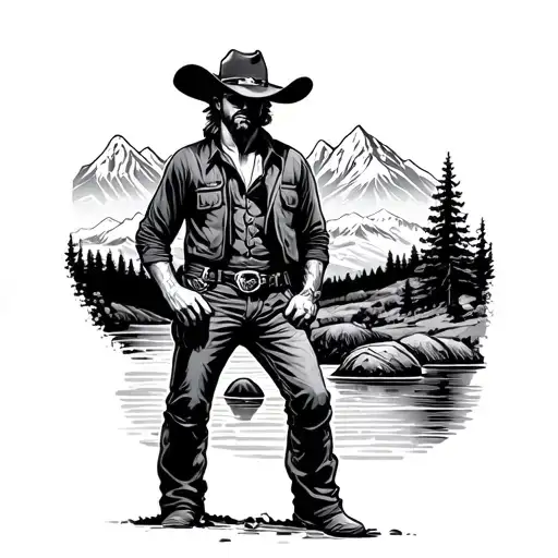 Cowboy Standing Next To River And Mountain
