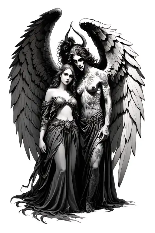 Angel And Demon Together With Large Wings Made