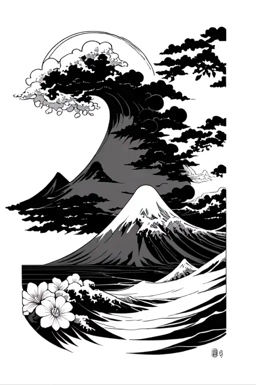 Anime Wave And Mont Fuji And Sakura Flower And Anime Cloud