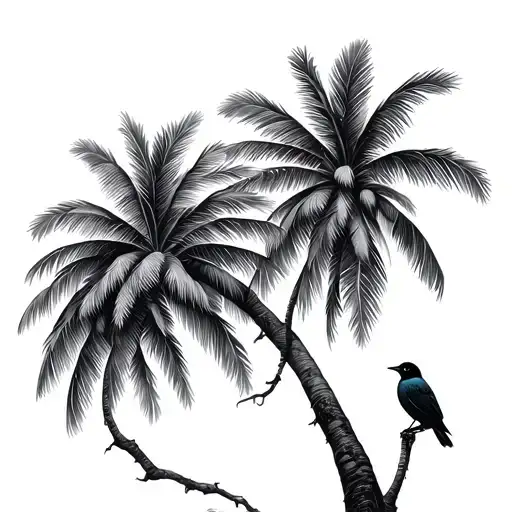 Palm Trees And Bird Perched