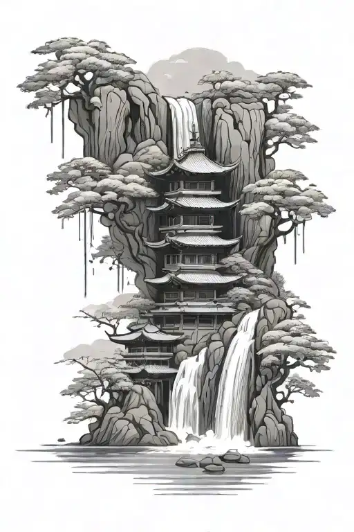 Japanese Temple Waterfall Flowing