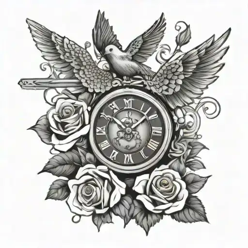 Clocks And Roses With Dove Flying