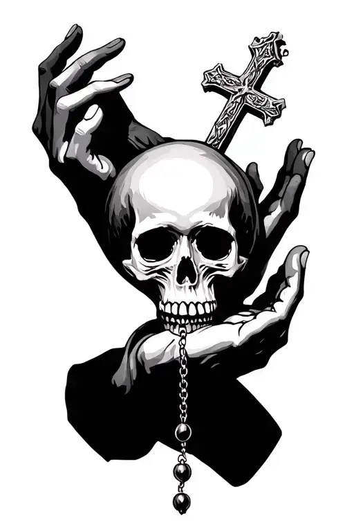 Virgin Mary Skull Praying Hands Holding Rosary With Upside Down Cross