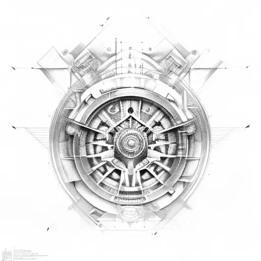 Engineer's Blueprint Of A Car Engine With Hidden Assassin's Creed Symbols