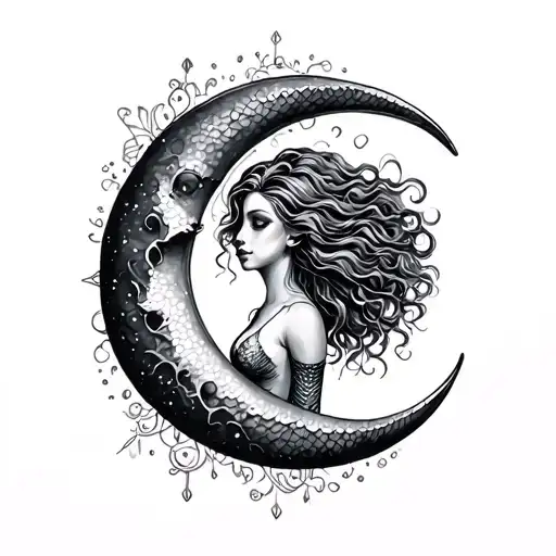 Mermaid With Curly Hair On The Hourglass Moon