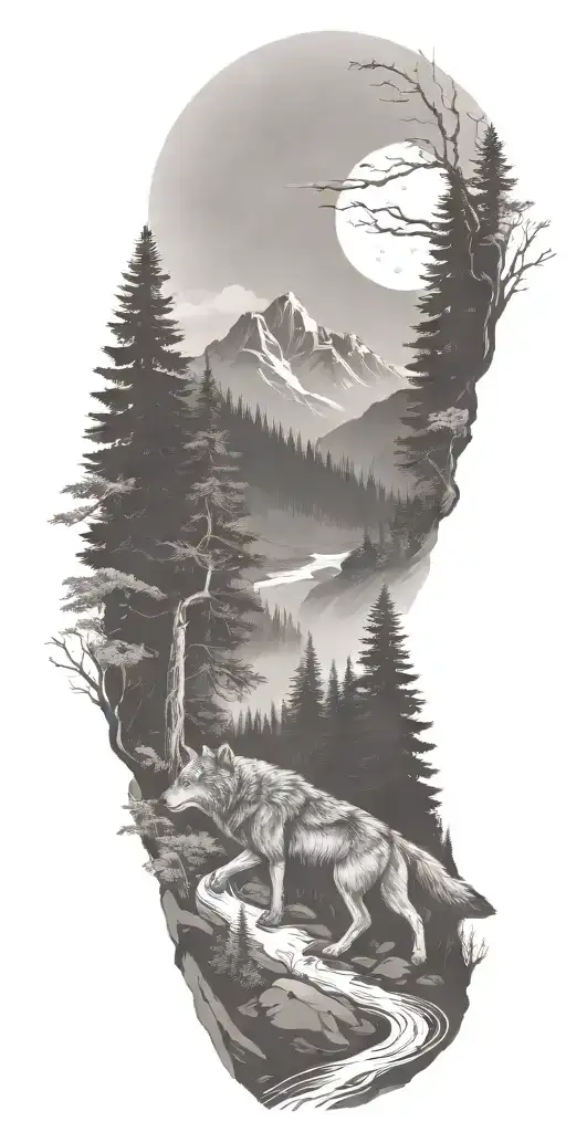 A River Winding Through A Forest Leading To Mountains With Wolf