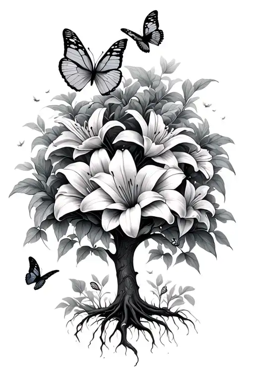 Ultra Reacheetah With Lillies And Butterflies Flying Around A Tree