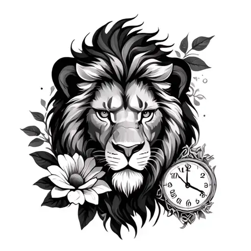 Mean Lion With Blooming Flower And Clock
