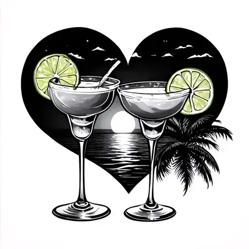 Two Margaritas In A Heart With Tropical Sunset