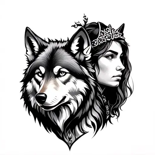 Wolf With Elf On The Shoulder Who Look In The Same Direction