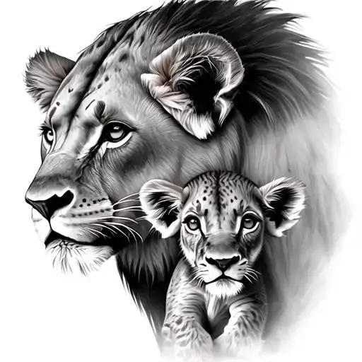 Lioness With Baby Lion Cub And A Baby Bull