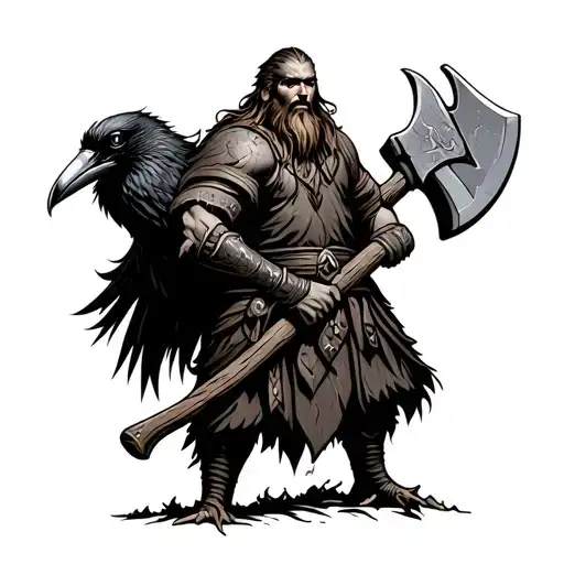 Viking With An Ax And A Crow In Black And Gray