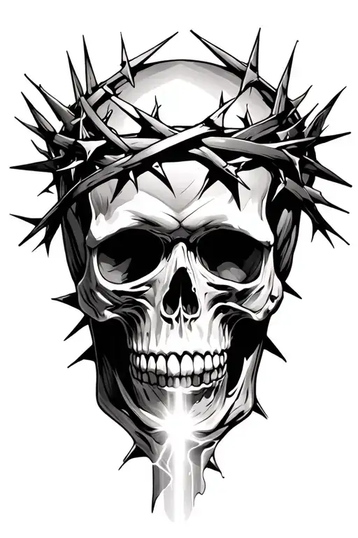 Skull With Crown Of Thorns Wrapped With Light Shinning Down On It