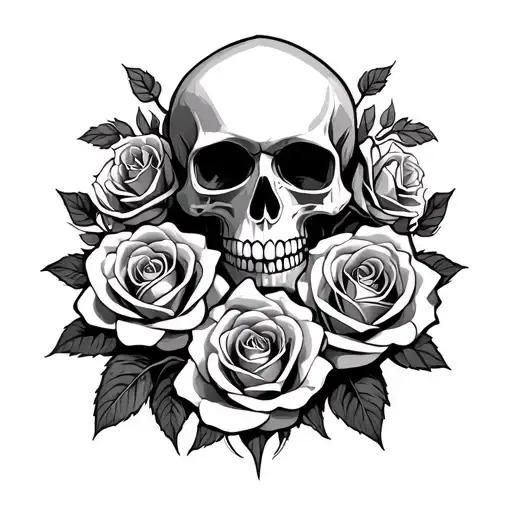 Art Deco Skull And Roses Entwined
