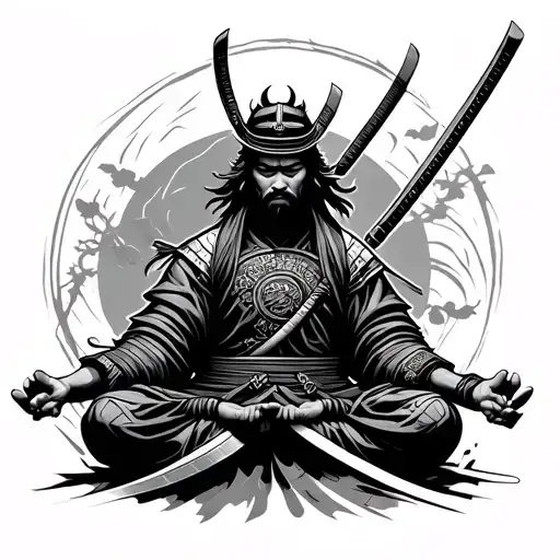 Meditating Samurai Warrior With Weapon Around Him