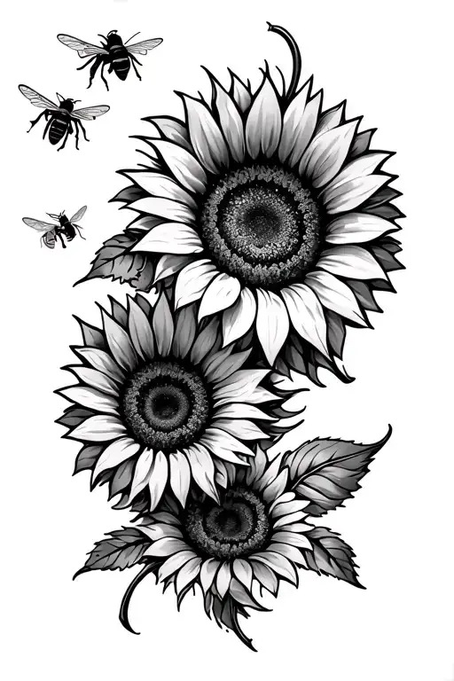 Spine Tattoo With 4 Sunflowers In Line And Bees Flying
