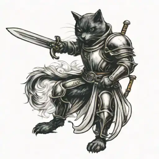 Black Cat Dressed As A Medieval Knight Holding A Sword