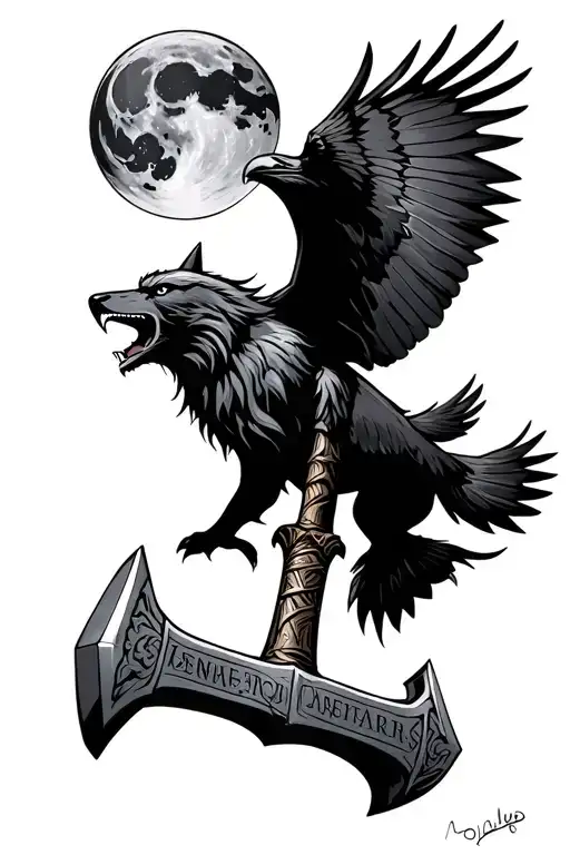 Mjolnir Hammer Wolf Howling At The Moon And Raven Flying