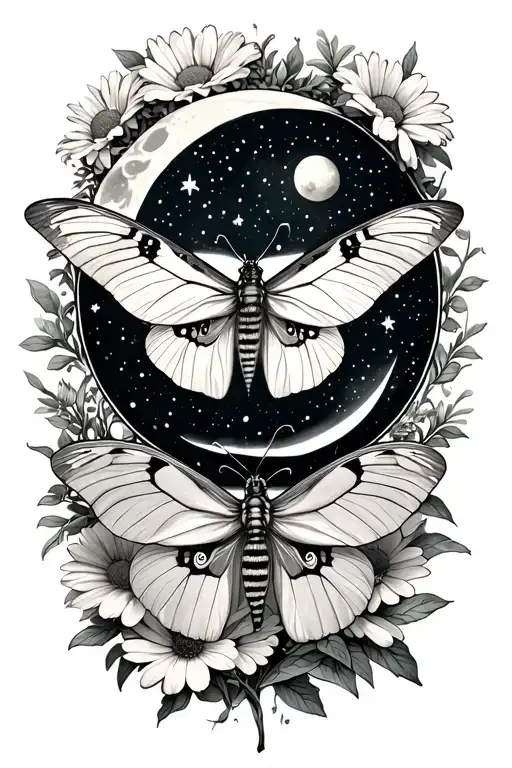 Cosmos And Marigold Flower And Lunar Moth Surrounded