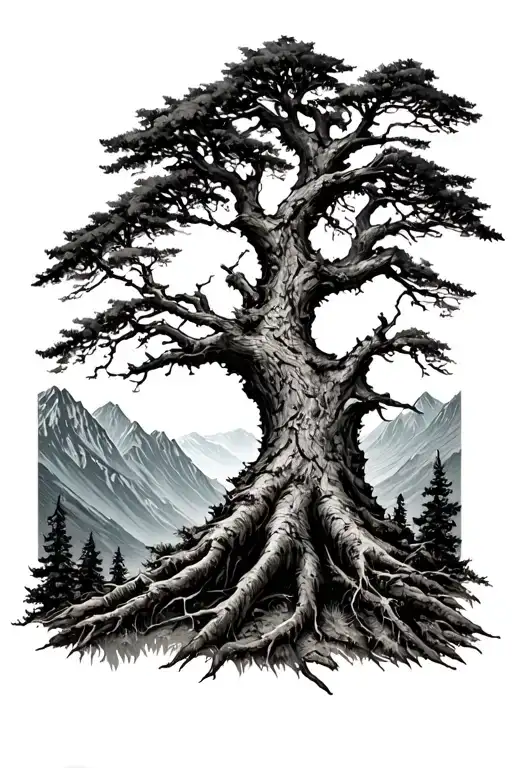 Moss-covered Tree Trunk Surrounded By Mountains