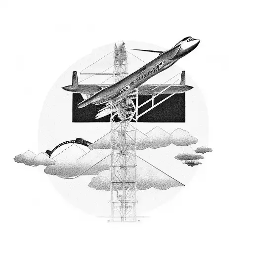 A Detailed Black And Grey Tattoo Of An Air Traffic Control Tower With Planes Taking Off And Landing