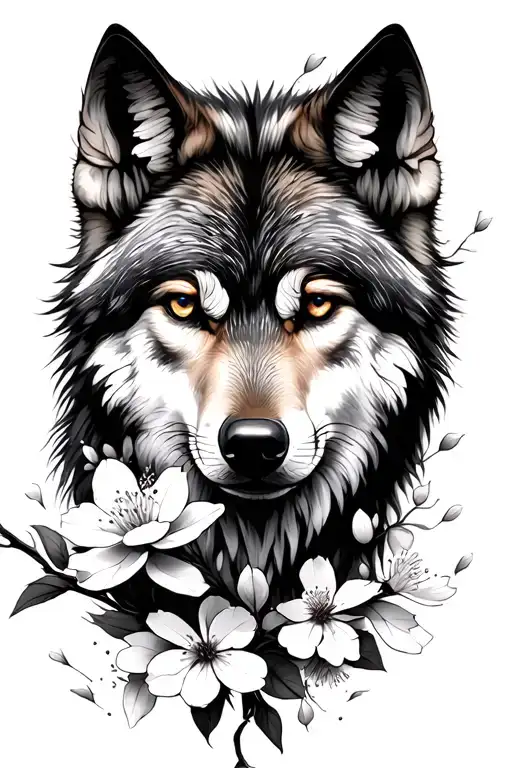 Wolf Fine Line And Realistic Cherry Blossoms