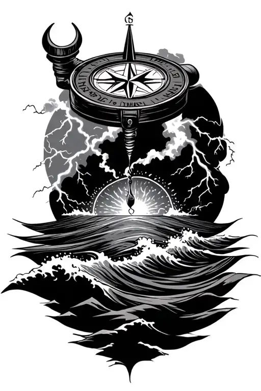 Compass Surrounded By Waves And Thunder