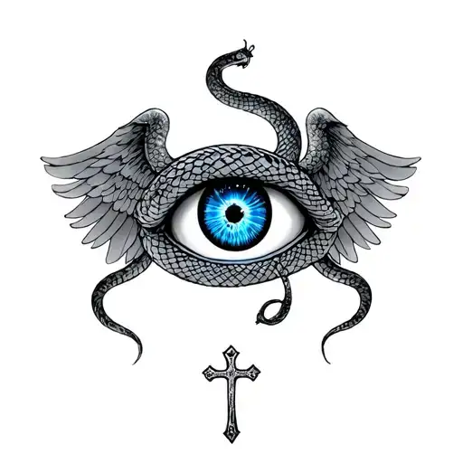 A Wide Blue Eye With A Double Headed Snake Around It And Wings With A Cross