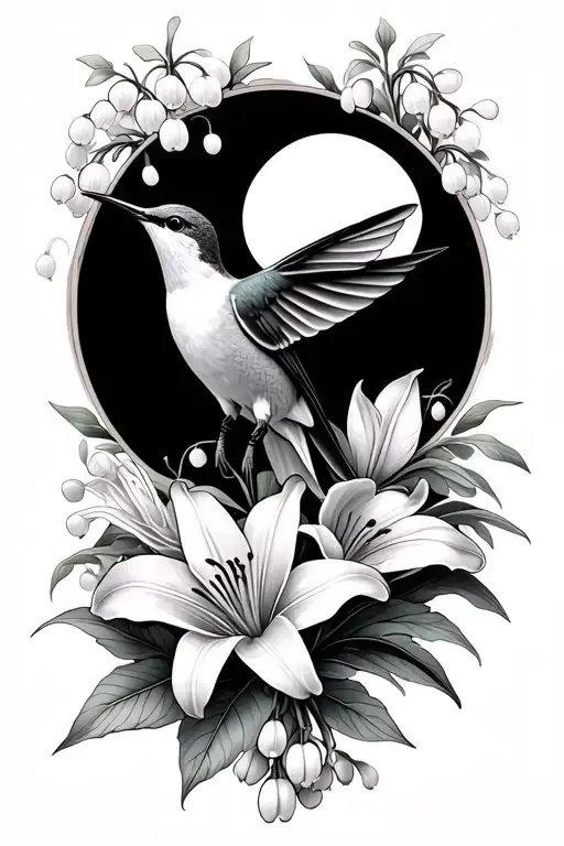 Humming Bird With Lily Of The Valley Flowers With Moon