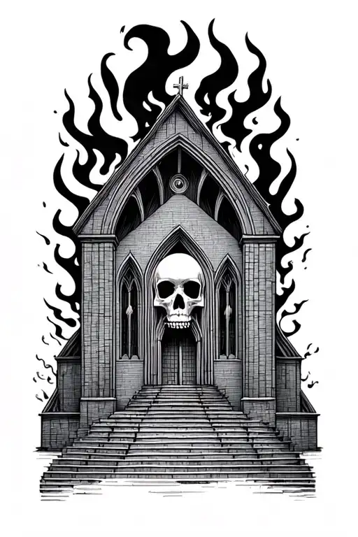 Burning Church With Fire In Skull Form Blackwork