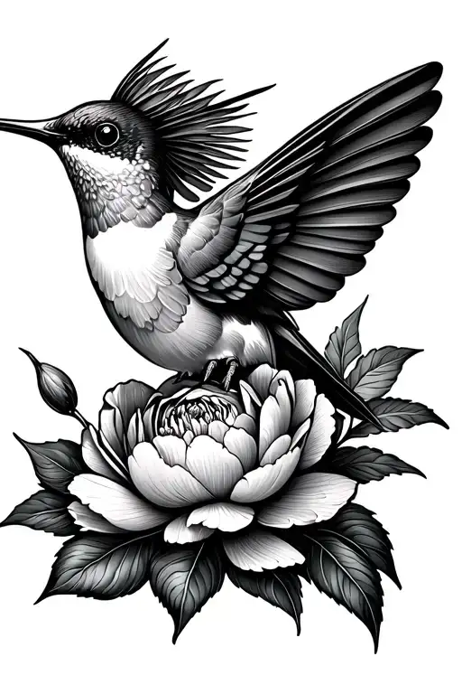 Hummingbird With Peony Flower Fine Line No Shading