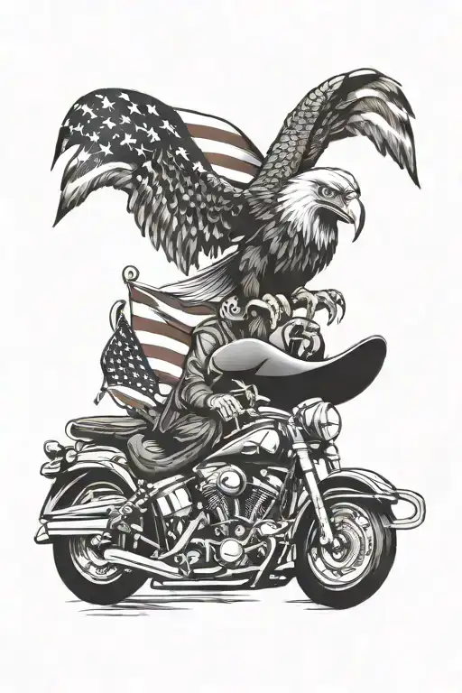 Bearded Scull With Eagle Soaring And Harley Motorcycle And American Flag